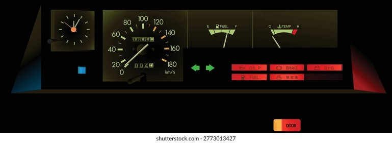 Realistic night view late 70s Japanese sedan gauge cluster in Japanese base specs carburetor engine with analog clock and low fuel level indicator and also door ajar warning light without tachometer illustration vector.