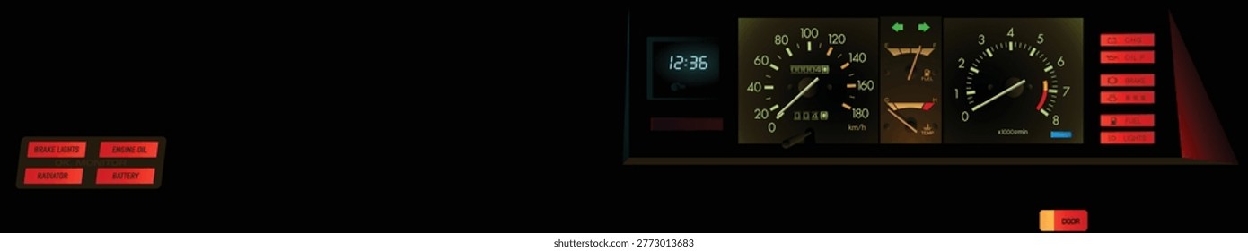 Realistic night view late 70s Japanese sport compact sedan gauge cluster in Japanese specs electronic gasoline injection type engine with tachometer included digital clock and door ajar indicator in new design water temp scale and also equipped with system monitor screen illustration vector.