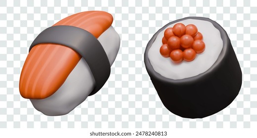 Realistic nigiri and sushi roll with red fish and caviar. Set of popular dishes