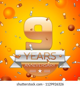 Realistic Nine Years Anniversary Celebration design banner. Gold numbers and silver ribbon, balloons, confetti on orange background. Colorful Vector template elements for your birthday party