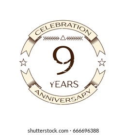 Realistic nine years anniversary celebration logo with ring and ribbon on white background. Vector template for your design