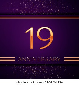 Realistic Nineteen Years Anniversary Celebration design banner. Golden number and confetti on purple background. Colorful Vector template elements for your birthday party