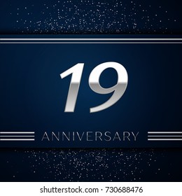 Realistic Nineteen Years Anniversary Celebration Logotype. Silver numbers and silver confetti on blue background. Colorful Vector template elements for your birthday party