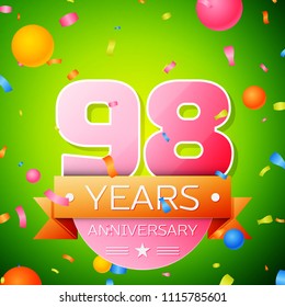 Realistic Ninety eight Years Anniversary Celebration Design. Pink numbers and golden ribbon, confetti on green background. Colorful Vector template elements for your birthday party