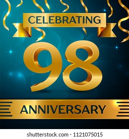 Realistic Ninety eight Years Anniversary Celebration Design. Golden confetti and gold ribbon on blue background. Colorful Vector template elements for your birthday party