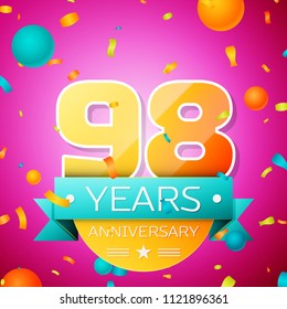 Realistic Ninety eight Years Anniversary Celebration design banner. Gold numbers and cyan ribbon, balloons, confetti on pink background. Colorful Vector template elements for your birthday party