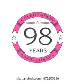 Realistic ninety eight years anniversary celebration logo with ring and ribbon on white background. Vector template for your design