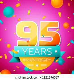 Realistic Ninety five Years Anniversary Celebration design banner. Gold numbers and cyan ribbon, balloons, confetti on pink background. Colorful Vector template elements for your birthday party