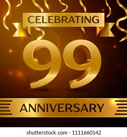 Realistic Ninety nine Years Anniversary Celebration Design. Golden confetti and gold ribbon on brown background. Colorful Vector template elements for your birthday party