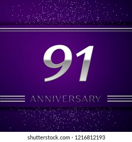 Realistic Ninety one Years Anniversary Celebration design banner. Silver number and confetti on purple background. Colorful Vector template elements for your birthday party