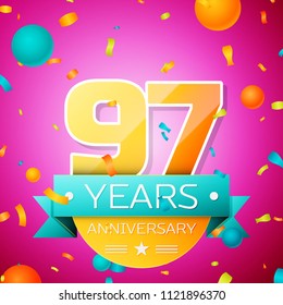 Realistic Ninety seven Years Anniversary Celebration design banner. Gold numbers and cyan ribbon, balloons, confetti on pink background. Colorful Vector template elements for your birthday party