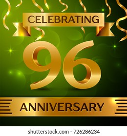 Realistic Ninety six Years Anniversary Celebration Design. Confetti and gold ribbon on green background. Colorful Vector template elements for your birthday party. Anniversary ribbon