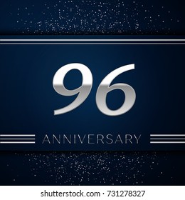 Realistic Ninety six Years Anniversary Celebration Logotype. Silver numbers and silver confetti on blue background. Colorful Vector template elements for your birthday party