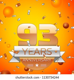 Realistic Ninety three Years Anniversary Celebration design banner. Gold numbers and silver ribbon, balloons, confetti on orange background. Colorful Vector template elements for your birthday party