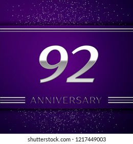 Realistic Ninety two Years Anniversary Celebration design banner. Silver number and confetti on purple background. Colorful Vector template elements for your birthday party