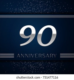Realistic Ninety Years Anniversary Celebration Logotype. Silver numbers and silver confetti on blue background. Colorful Vector template elements for your birthday party Realistic Ninety Years Anniversary Celebration Logotype. Silver numbers and silver confetti on blue background. Colorful Vector template elements for your birthday party