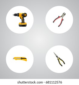 Realistic Nippers, Forceps, Electric Screwdriver And Other Vector Elements. Set Of Instruments Realistic Symbols Also Includes Instrument, Forceps, Cutter Objects.
