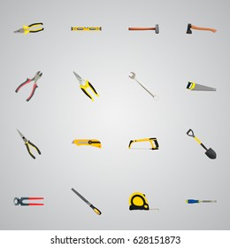 Realistic Nippers, Hacksaw, Carpenter And Other Vector Elements. Set Of Construction Realistic Symbols Also Includes Forceps, Key, Roller Objects.
