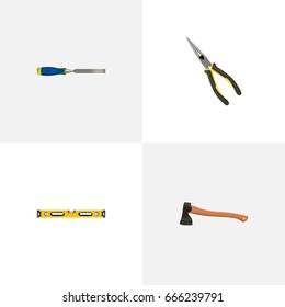 Realistic Nippers, Plumb Ruler, Chisel And Other Vector Elements. Set Of Instruments Realistic Symbols Also Includes Chisel, Carpenter, Nippers Objects.