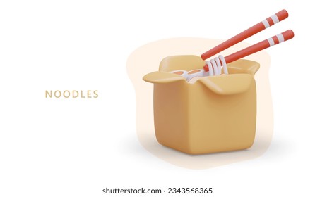 Fideos realistas. Cocina oriental. La comida rápida asiática. Sirviendo platos desechables, palillos. Plantilla publicitaria para el negocio culinario. Comida tradicional. Menú, cartel, impresión, volante