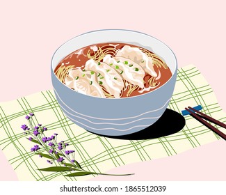 realistic noodles vector illustration, a bowl of steamed dumpling and noodles with soup on the table, shopstick and flower decoration.