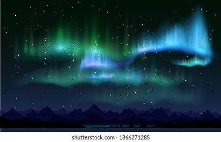 Realistic northern lights, vector illustration. Night sky and amazing polar lights, mountain landscape. Aurora borealis poster, banner template.