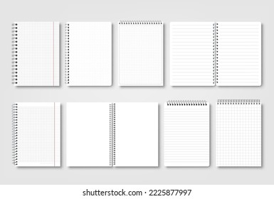Realistic notebook binder sheets. Open school lined notepad, copybook or planner. Isolated empty notebooks on spirals, pithy vector mockup