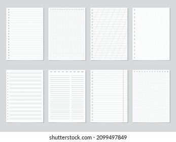 Realistic notebook blank lined and gridded paper sheets. Blank notepad pages for homework or diary notes vector illustration set. Notebook squared and lined notepaper. Empty paper for writing