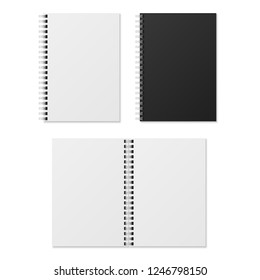 Realistic notebook. Blank open and closed spiral binder notebooks. Black and white paper organizers and diary vector template isolated