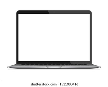 Realistic notebook with blank screen. Isolated, on white background, with reflection. The display is opened 90 degrees. Front view. Modern mobile device. Raised. You can see the keyboard and touchpad.