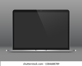 Realistic notebook with a blank screen off. Isolated, on a gray curved background, with a reflection. The display is opened 90 degrees. Front view. Modern mobile device.