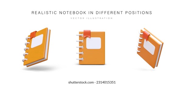 Realistic notebook in different positions. 3D planner with spring and bright bookmark. Blank space for signature on cover. Isolated icons with shadows on white background