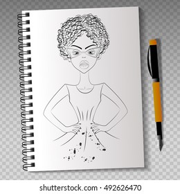 Realistic notebook with drawing and pen. School album of drawings. Vector illustration.