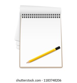 realistic notebook, exercise book 
with a pencil , vector illustration