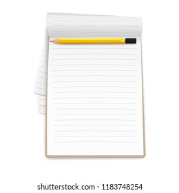 realistic notebook, exercise book 
with a pencil , vector illustration