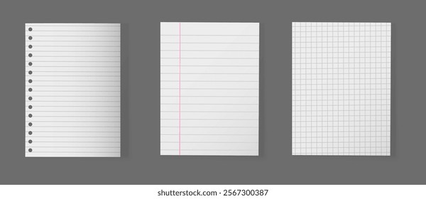 Realistic notebook line pages. Checkered grid paper page mockup template, school note book sheet blank letter notepad notepaper texture memo notice white papers vector illustration original artwork