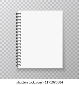 Realistic Notebook mockup. Copybook with metallic silver spiral. Blank mock up with shadow. Vector illustration.