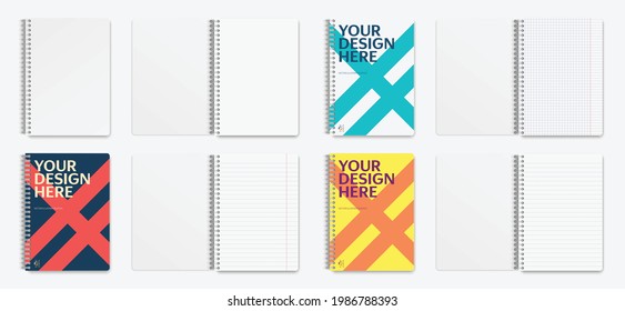 Realistic notebook mockup cover and with a blank sheet, a sheet in a cage, a strip, with fields for your design. Realistic notebook with shadows isolated on light background. Vector illustration EPS10