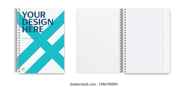 Realistic notebook mockup, notebook mockup cover and sheet checkered leaf for your design. Realistic notebook with shadows isolated on light background. Vector illustration EPS10.	
