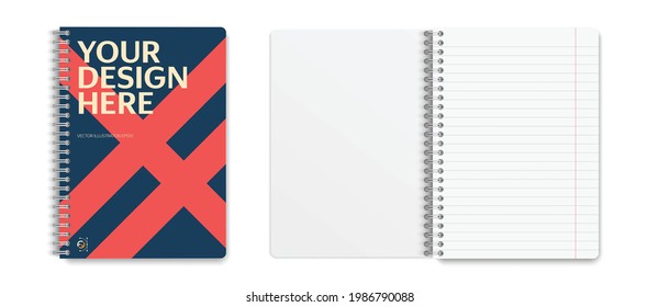 Realistische Notebook-Mockup, Notebook-Mockup-Cover und gestreiftes Blatt für Ihr Design. Realistisches Notizbuch mit Schatten einzeln auf hellem Hintergrund. Vektorgrafik EPS10.