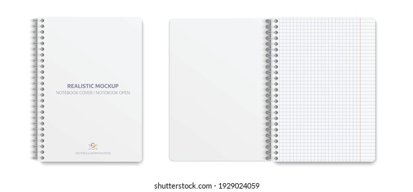 Realistic notebook mockup, notepad with blank cover and spread sheet in a box for your design. Realistic copybook with shadows isolated on transparent background. Vector illustration EPS10.