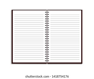 Realistic notebook in mockup style. Blank notepad with spiral. Template of empty  notepad with lines on white, isolated background. vector eps10