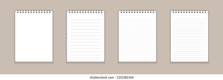 Realistic notebook or notepad with binder isolated. Memo note pad or diary with lined and squared paper page templates. Vector illustration