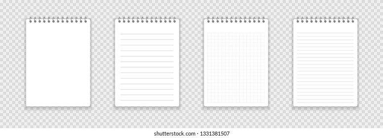 Realistic notebook or notepad with binder isolated. Memo note pad or diary with lined and squared paper page templates. Vector illustration