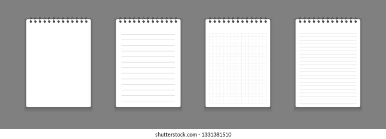 Realistic notebook or notepad with binder isolated. Memo note pad or diary with lined and squared paper page templates. Vector illustration