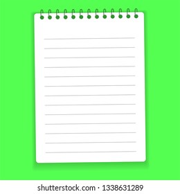 Realistic notebook or notepad with binder isolated on green background. Memo note pad or diary paper page templates. Vector illustration