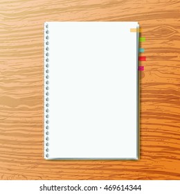 realistic notebook on wooden table, vector illustration