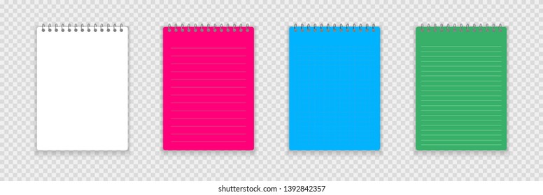 Realistic notebook pack or notepad with binder isolated. Memo note pad or diary with lined and squared paper page templates. Vector illustration