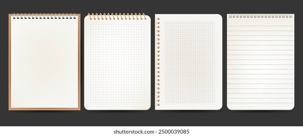 Páginas de cuaderno realistas o papel de notas con líneas de Vector, conjunto de fondo aislado para documento de oficina o página de cuadrícula. Fondo de hoja de bloc de notas con superficie punteada. Memo vacío de la Educación o la escuela. Papel de notas