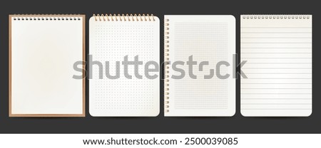 Realistic notebook pages or vector lined notepaper, Set of isolated background for office document or grid page. Notepad sheet backdrop with dotted surface. Education or school empty memo. Note paper